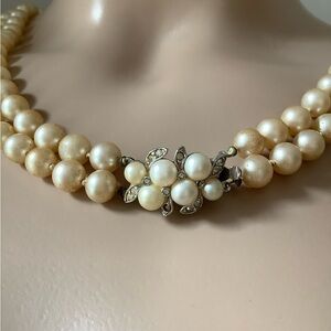 Vintage Faux Pearl Rhinestone Double Strand Necklace